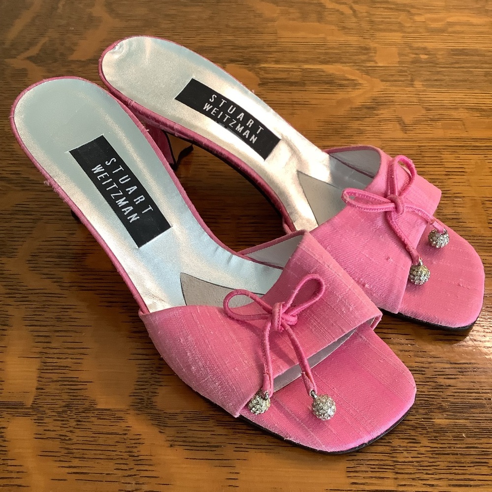 Stuart Weitzman Kitten-Heel Open-Toe Slide Mules Pink Size 7